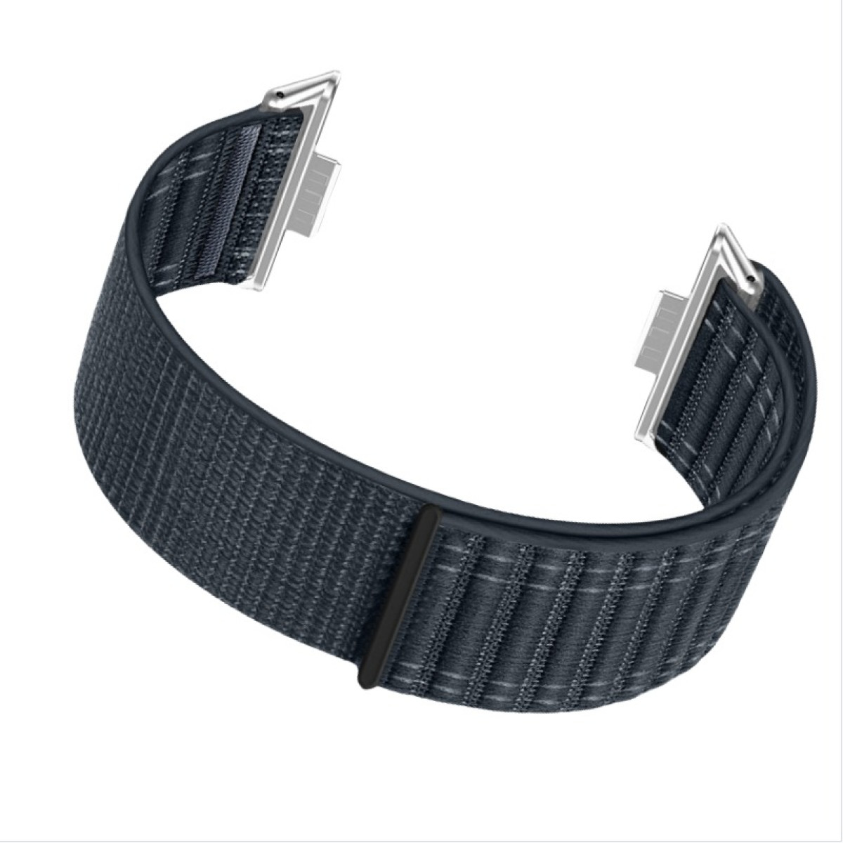Ein dunkelgraues Uhrenarmband mit silbernen Verschlüssen.