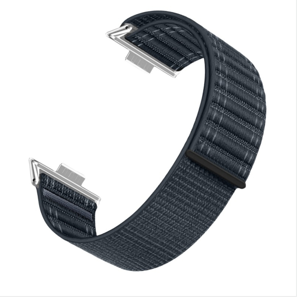 Ein dunkelgraues Uhrenarmband mit silbernen Verschlüssen, gewebter Textur und schwarzer Schnalle.