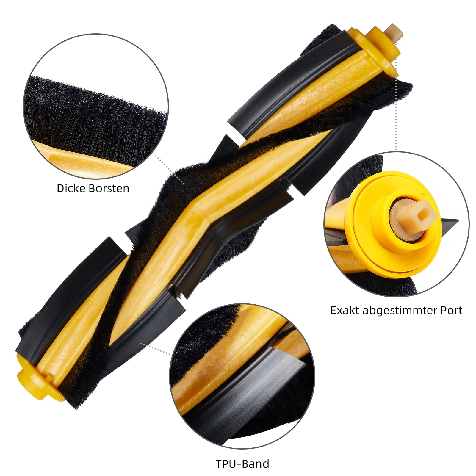 Staubsauger-Bürstenrolle mit gelben und schwarzen Borsten und TPU-Band. Details beschriftet.