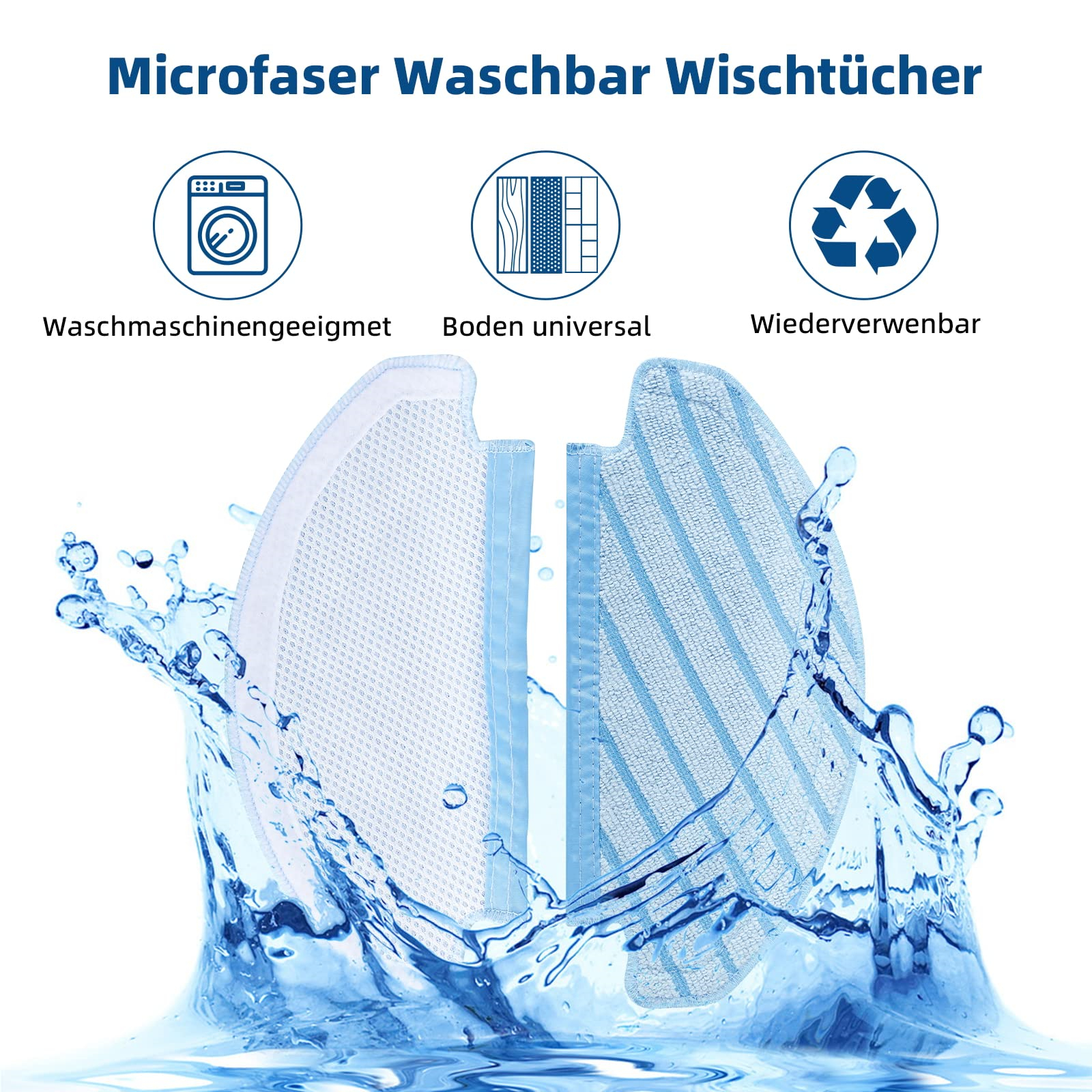 Weiße und blaue Mikrofasertücher mit Wassertropfen und Text auf Deutsch.