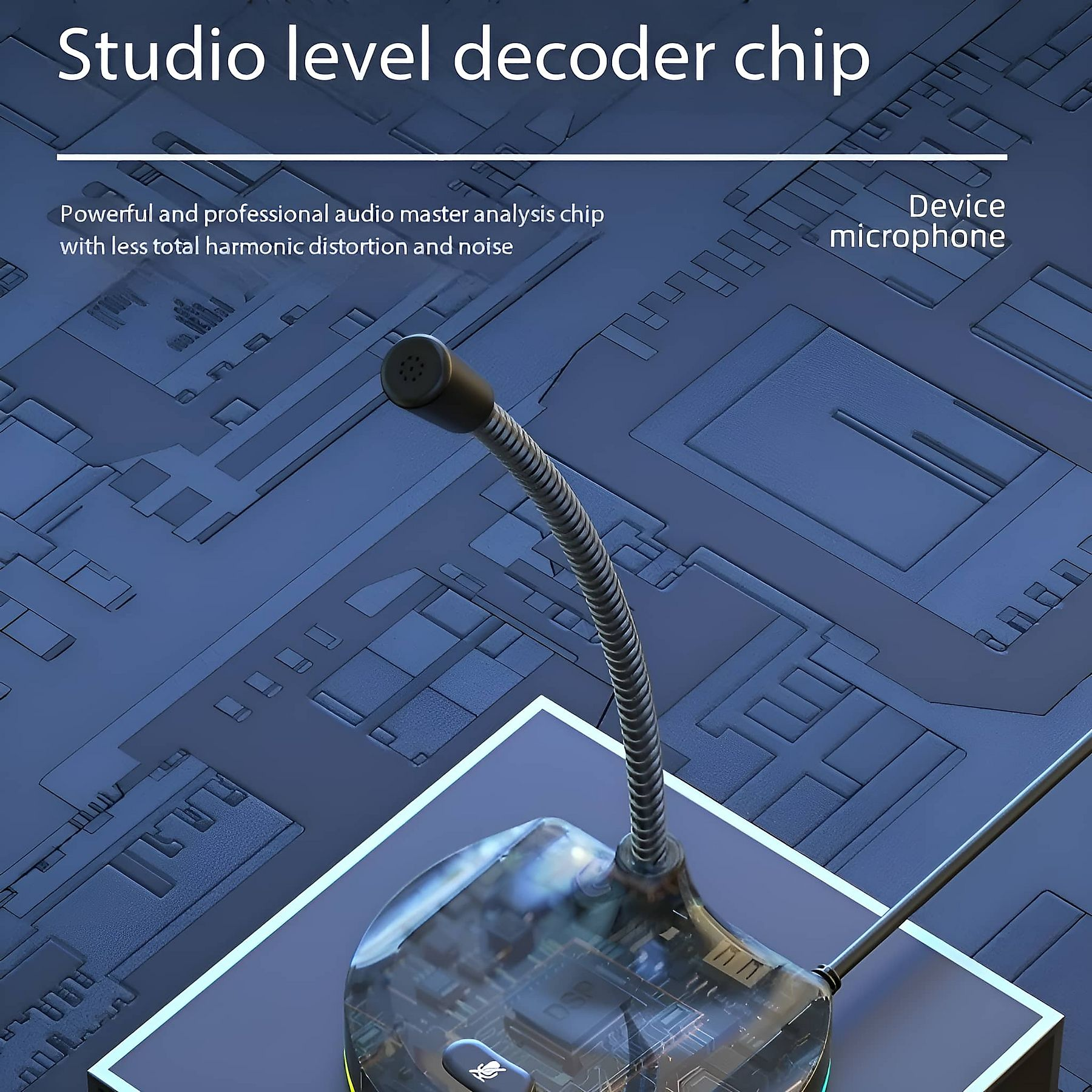 Ein Mikrofon mit flexiblem Hals steht auf einer gemusterten blauen Oberfläche. Text: "Studio-Decoder-Chip".