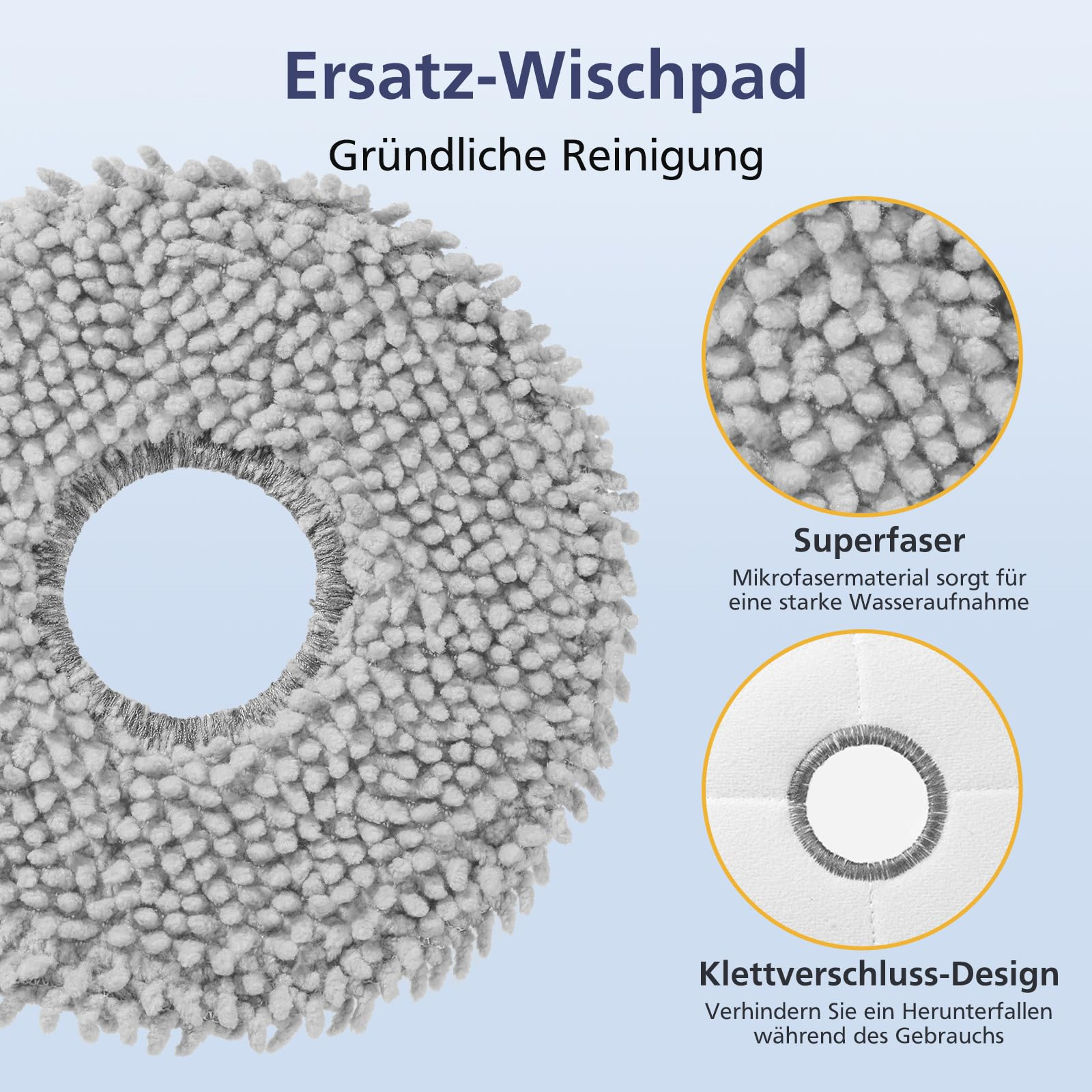 Nahaufnahme eines grauen Mikrofasertuchpads mit Textanmerkungen, die Merkmale hervorheben.