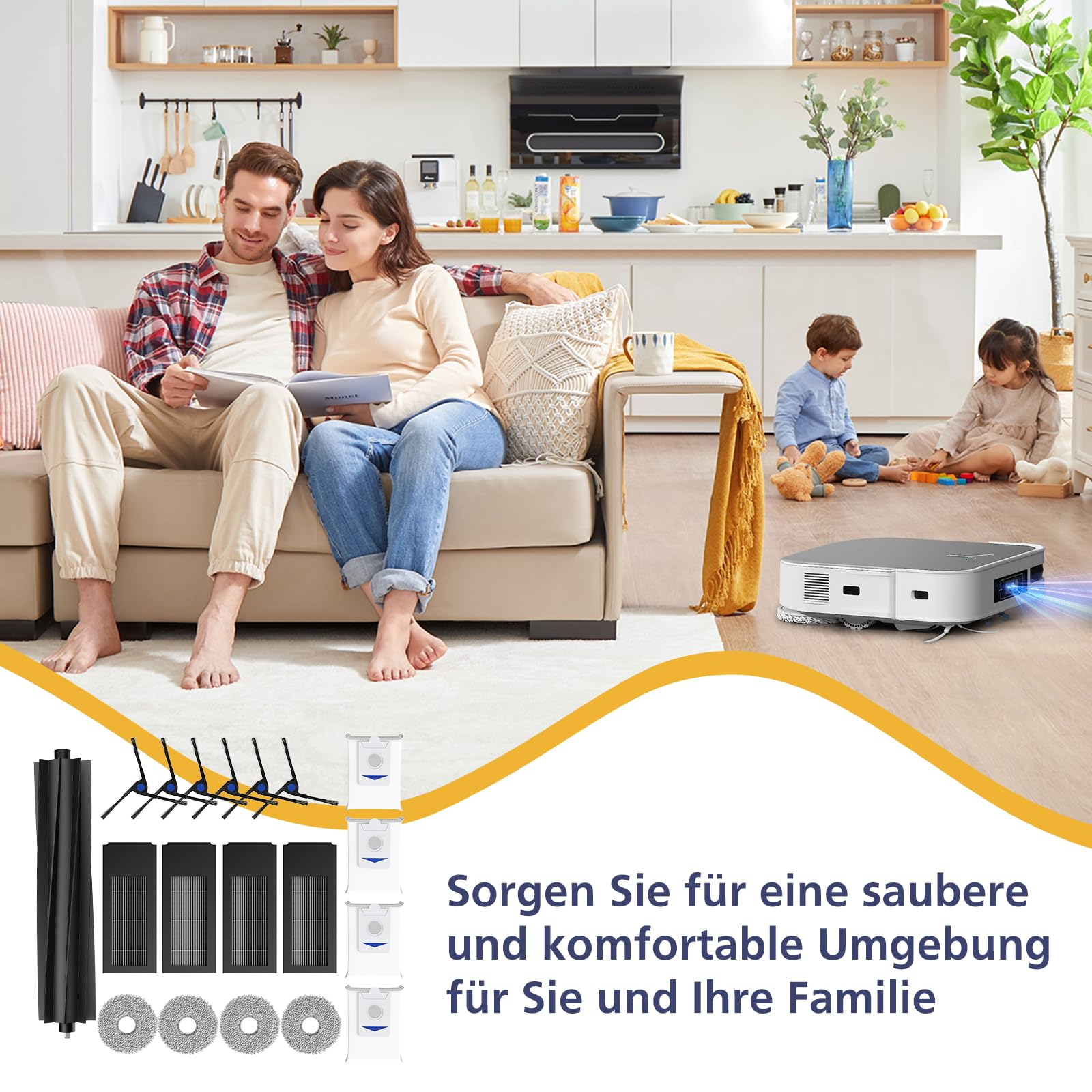 Eine Familie in einer Küche mit einem Roboterstaubsauger. Reinigungsmittel sind im Vordergrund sichtbar.