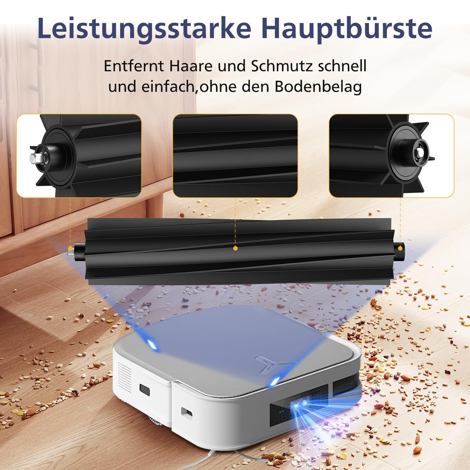 Ein Roboter-Staubsauger mit hervorgehobener Hauptbürste. Die Bürste wird detailliert gezeigt.
