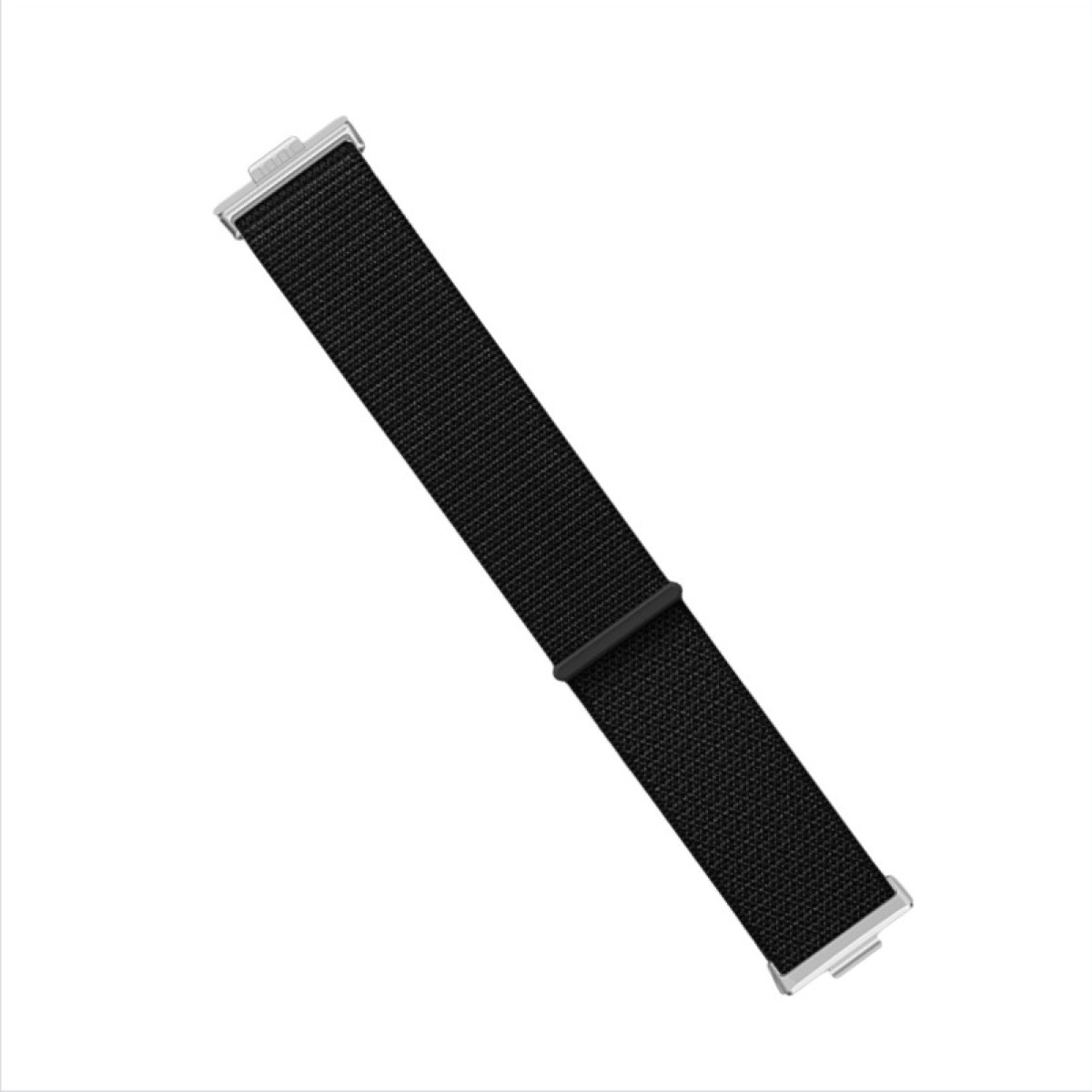 Un cinturino nero con chiusure argentate. Il cinturino è piatto e angolato diagonalmente.