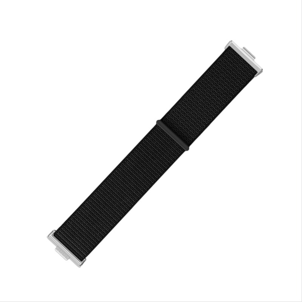 Cinturino nero con estremità argentate e un passante nero. Il cinturino è in tessuto.
