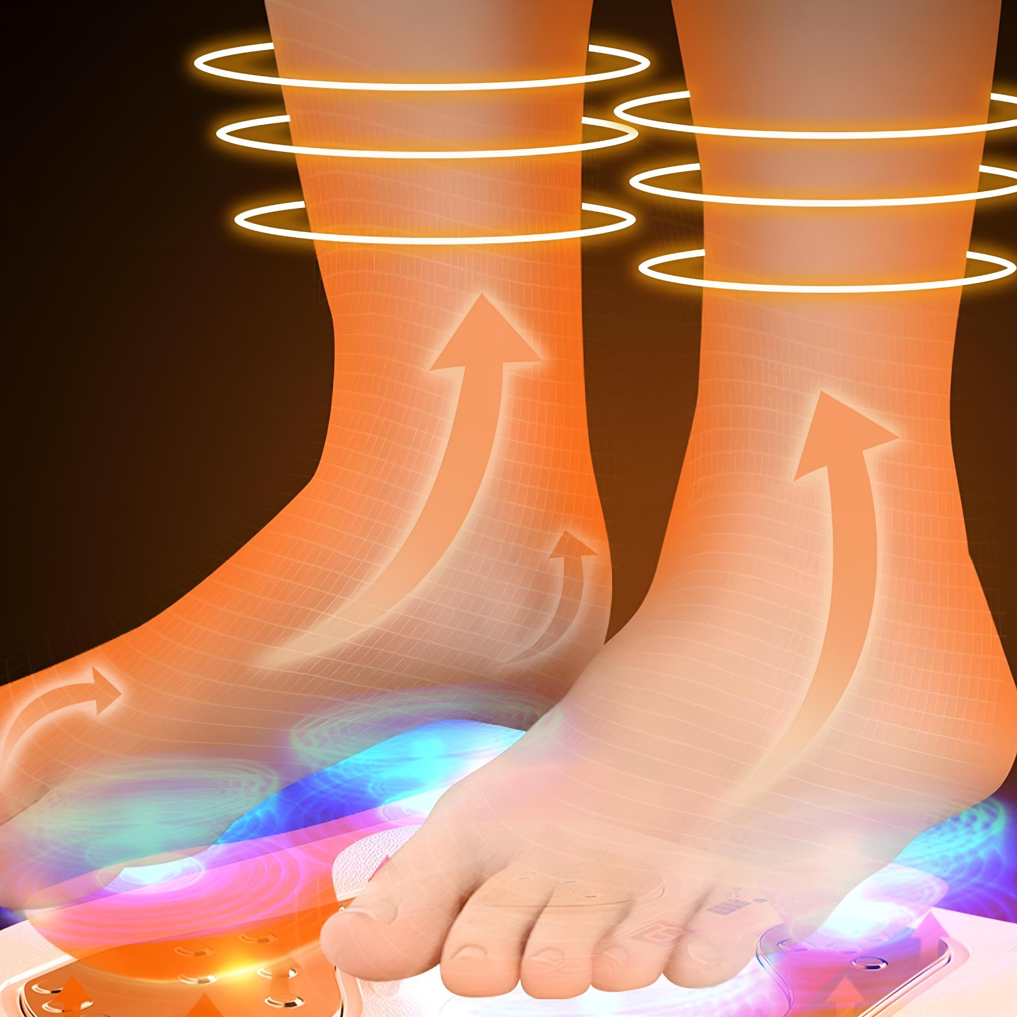 Zwei Füße mit Pfeilen und leuchtenden Linien auf einem Massagegerät. Orange und blaue Lichter sind sichtbar.