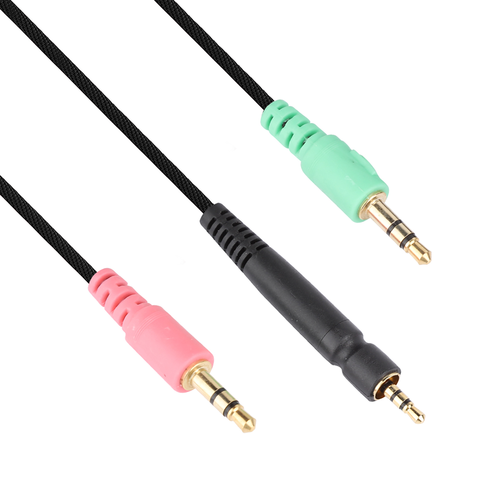 Drei Audioanschlüsse: schwarz, grün und rosa. Schwarzes Kabel verbindet die drei Anschlüsse.