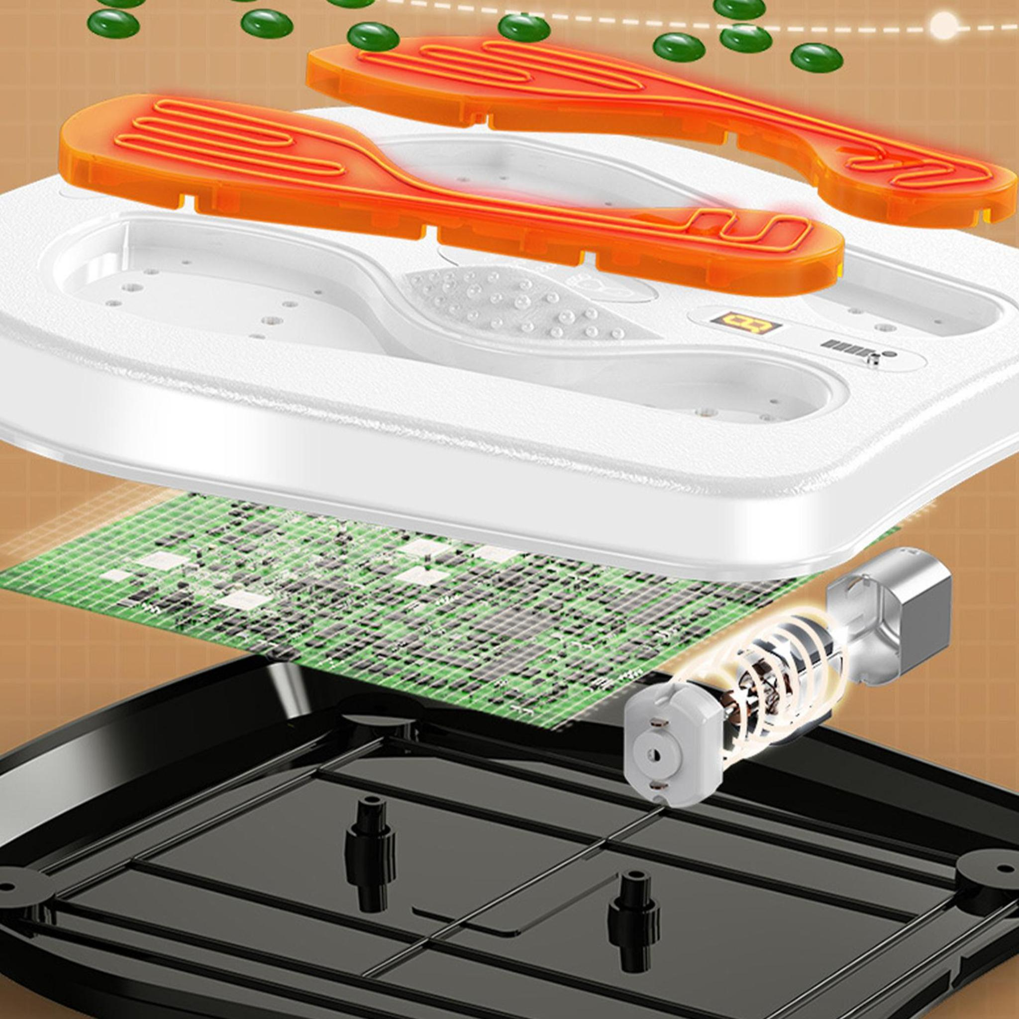 Explosionszeichnung eines Fußmassagegeräts, die Innenteile zeigt. Orangefarbene Pads und grüne Platine sind zu sehen.