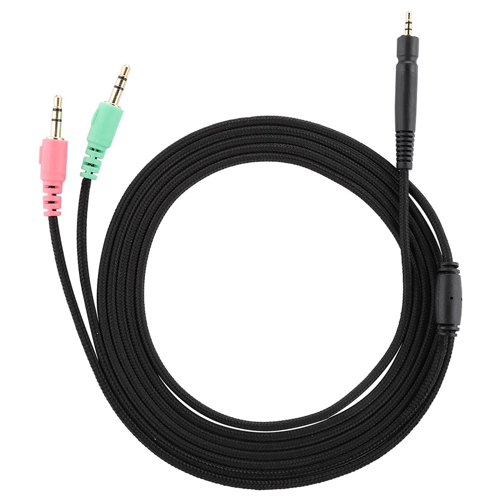 Audiokabel mit zwei 3,5-mm-Klinken (rosa/grün) und einem schwarzen geflochtenen Kabel. Das Kabel ist gekrümmt.