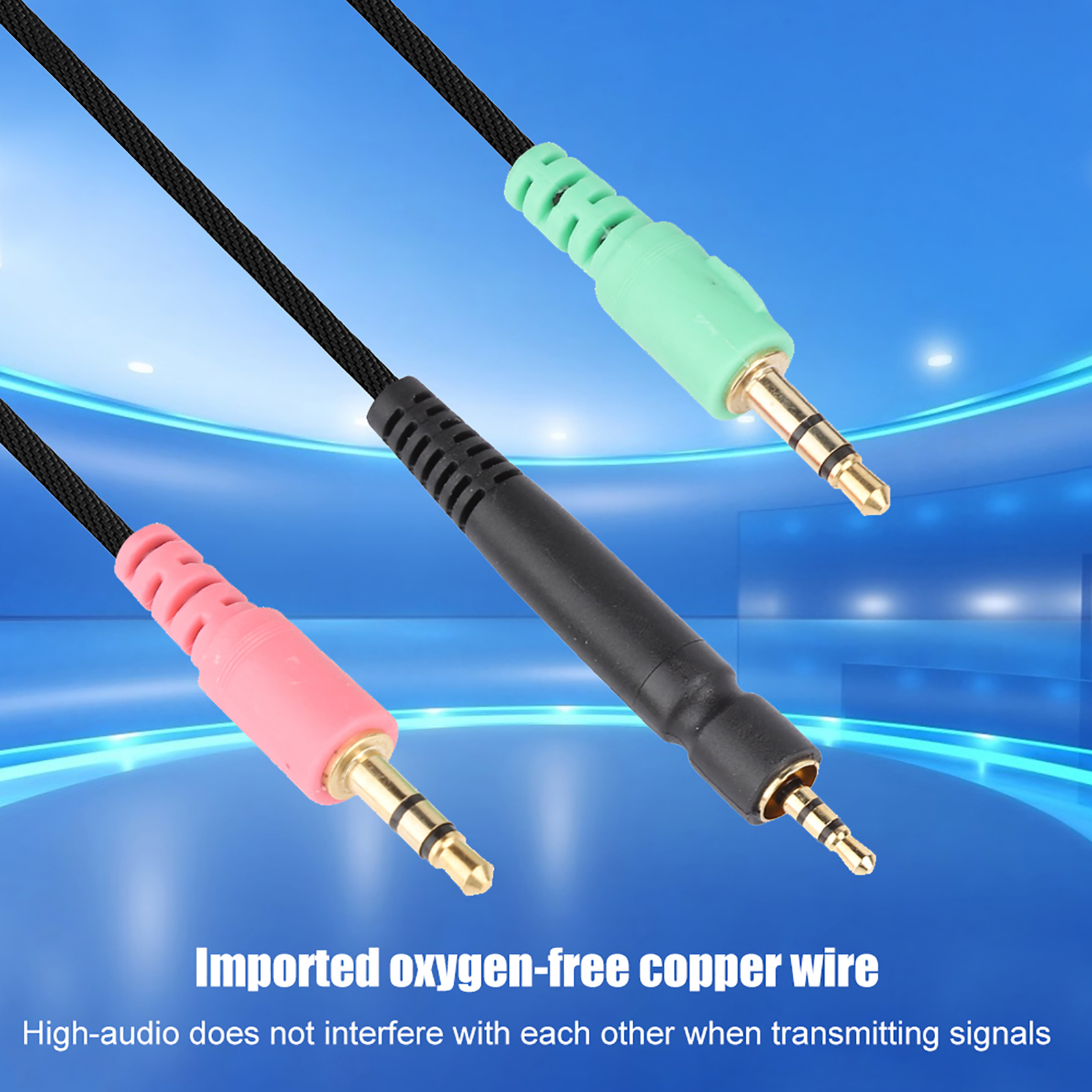 Drei Audiokabel mit farbigen Buchsen und schwarzen Kabeln vor blauem Hintergrund.