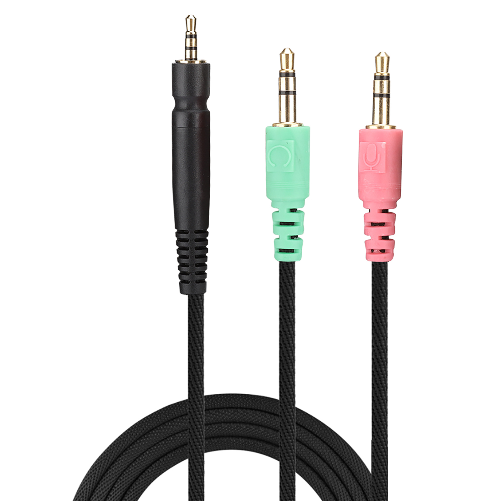 Drei Audioanschlüsse: schwarz, grün und rosa. Schwarzes Kabel verbindet die drei Anschlüsse.