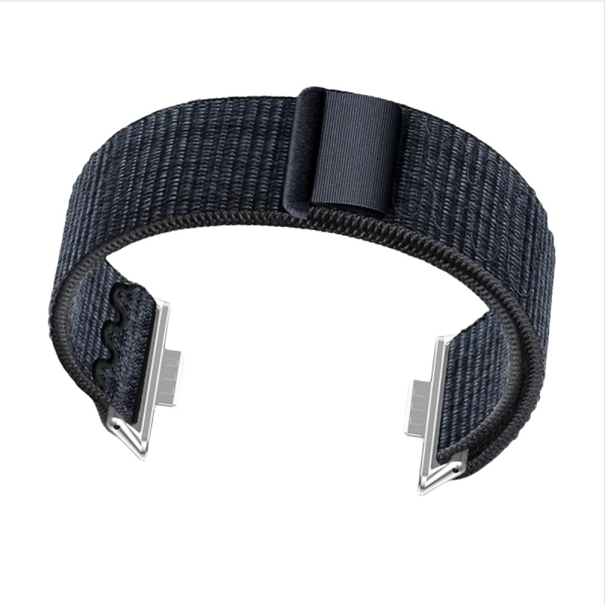 Cinturino nero con chiusura in metallo. Il cinturino è realizzato in materiale tessuto.