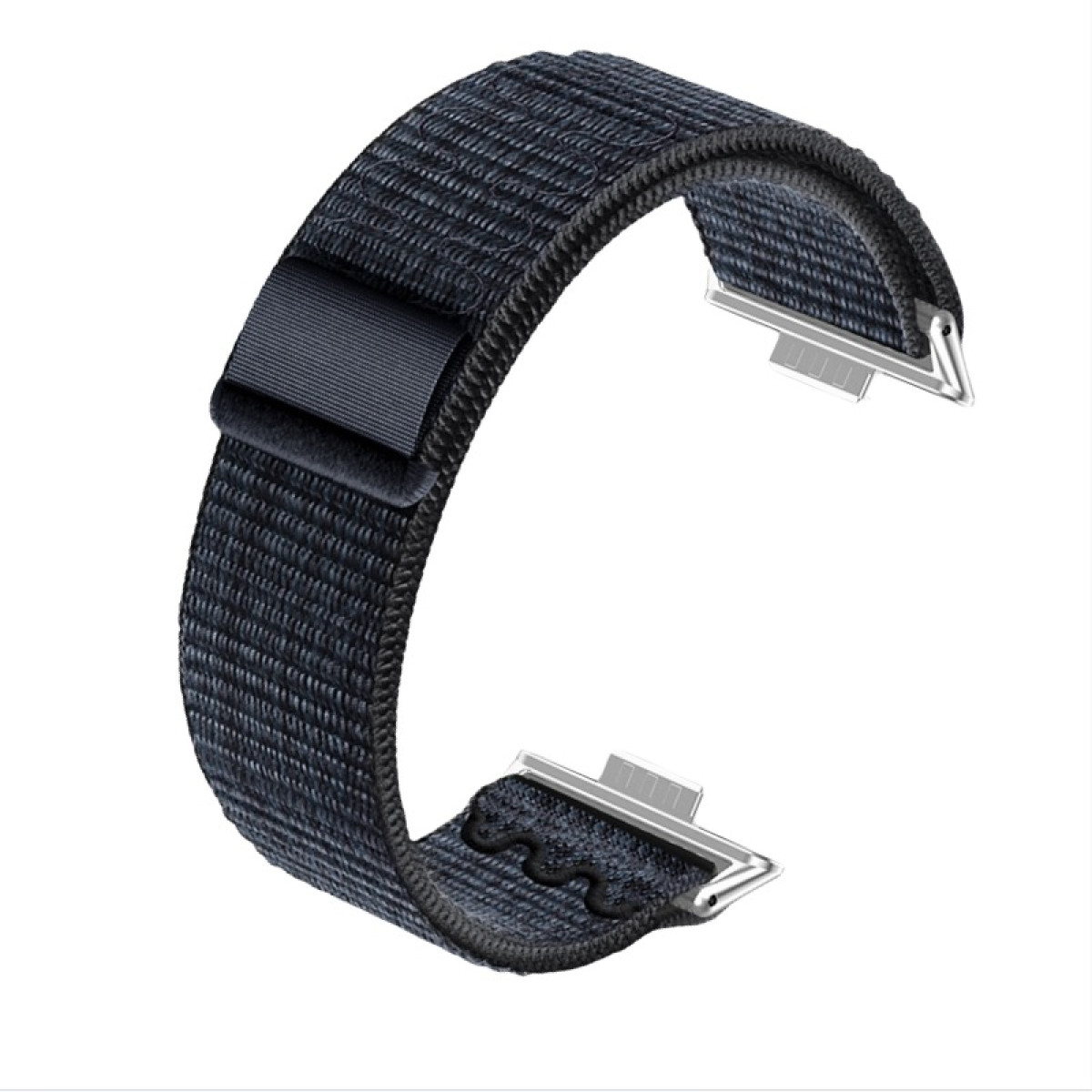 Cinturino nero con passante nero e hardware argentato su sfondo bianco.