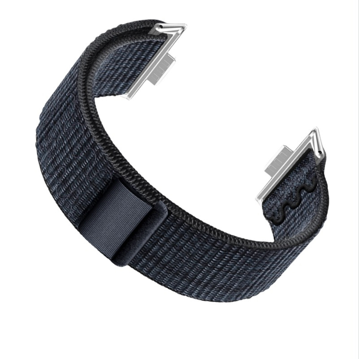 Cinturino nero con chiusura in metallo. Il cinturino è realizzato in materiale tessuto.