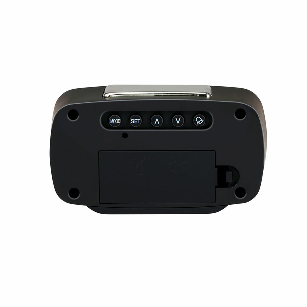 Sveglia digitale nera con pulsanti: MODE, SET, frecce e campana. Vano batteria.