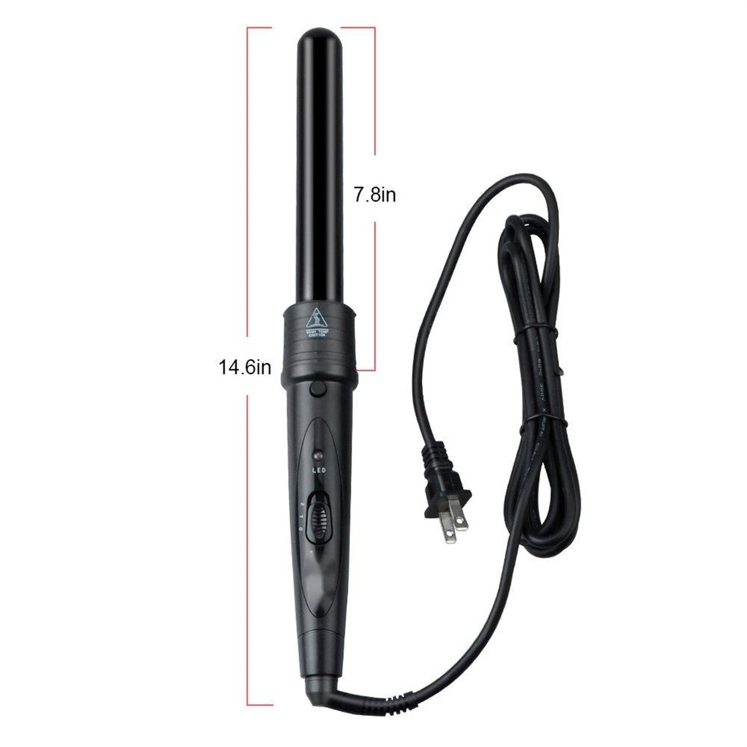 Ein schwarzer Lockenstab mit Netzkabel. Misst 14,6 Zoll lang, 7,8 Zoll für den beheizten Lauf.
