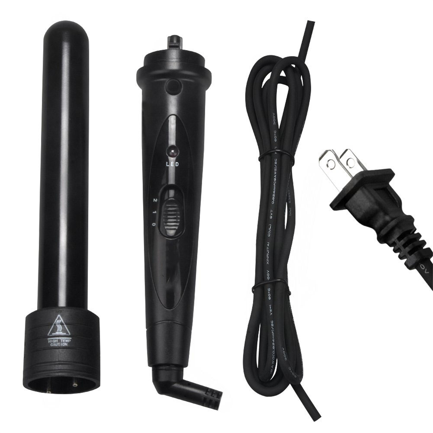 Schwarzes Lockenstab-Set: drei Aufsätze, Griff mit LED, Netzkabel und Stecker.