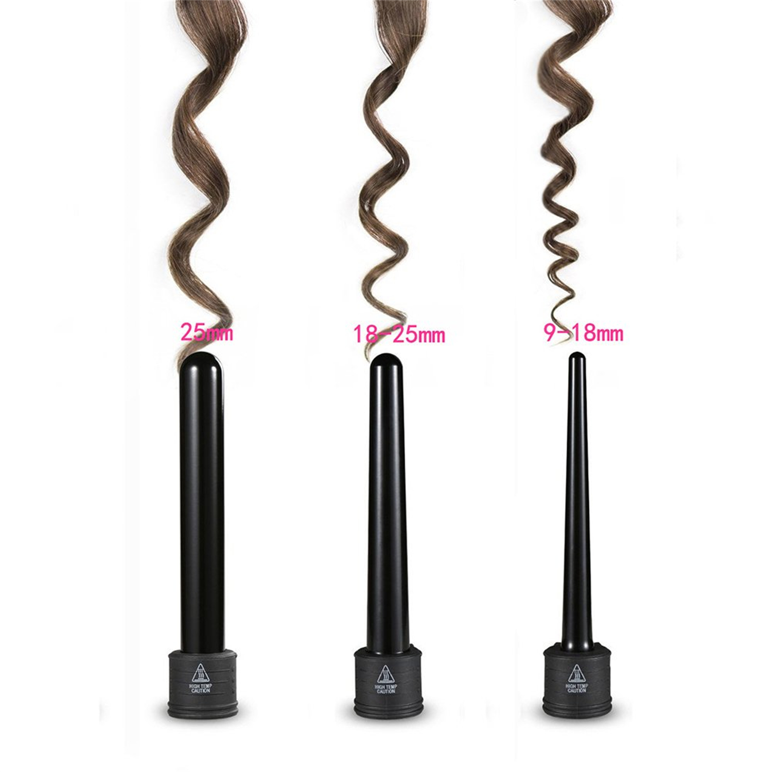 Drei schwarze Lockenstäbe mit Haarproben, die verschiedene Lockengrößen demonstrieren.