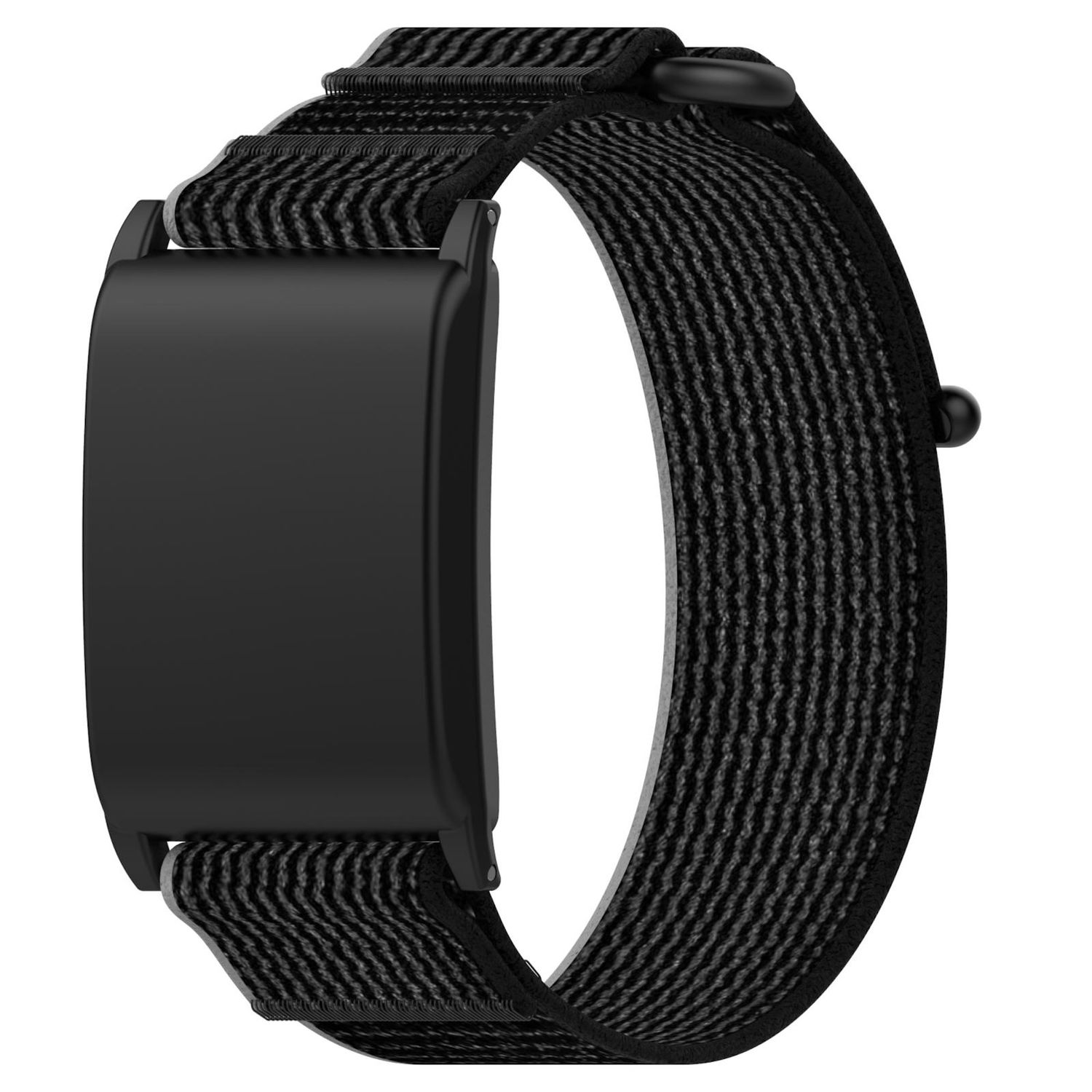 Schwarzes Smartwatch-Armband mit schwarzem Verschluss und dunkelgrauem Webstoff.