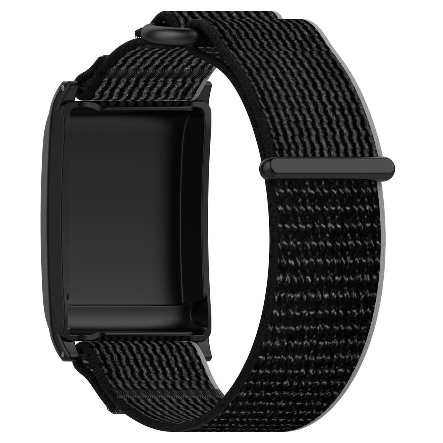 Schwarzer Fitnesstracker mit schwarzem Stoffarmband, das Band ist gewickelt.