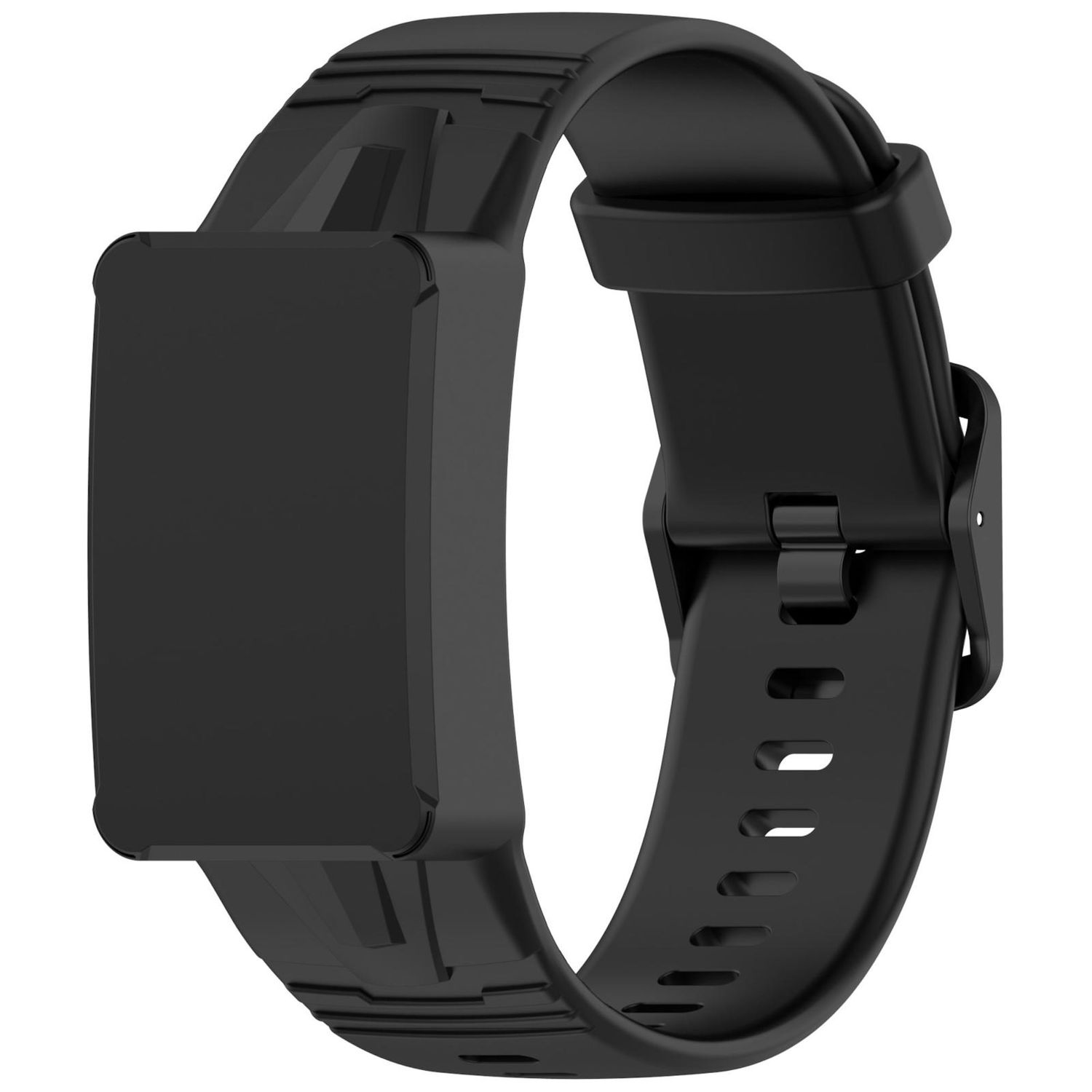 Schwarzes Fitness-Tracker-Band mit schwarzem rechteckigem Bildschirm und schwarzer Schnalle.