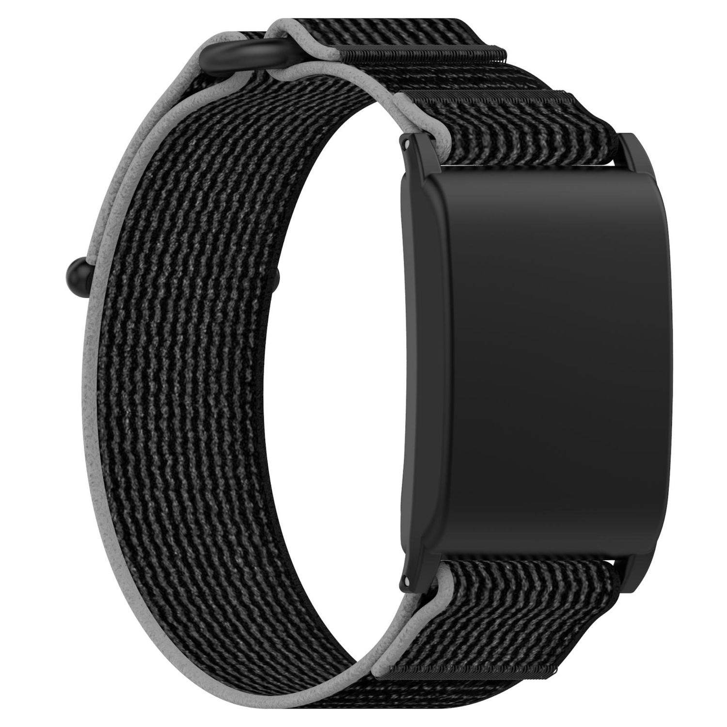Schwarzes Fitness-Tracker-Band mit schwarzem Bildschirm und schwarz-grauem gestreiften Armband.