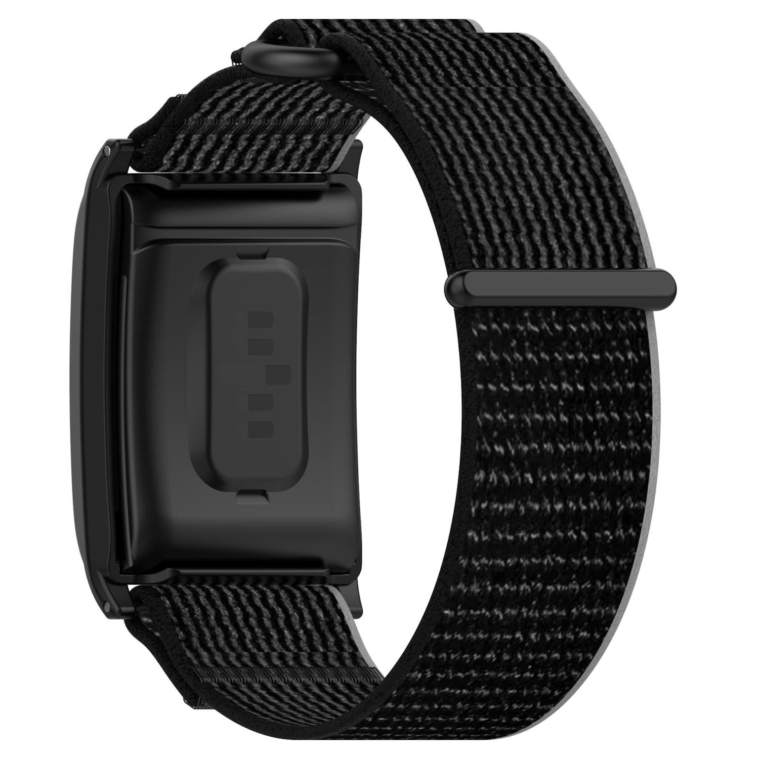 Schwarzer Fitnesstracker mit einem schwarzen Stoffband, herumgewickelt.