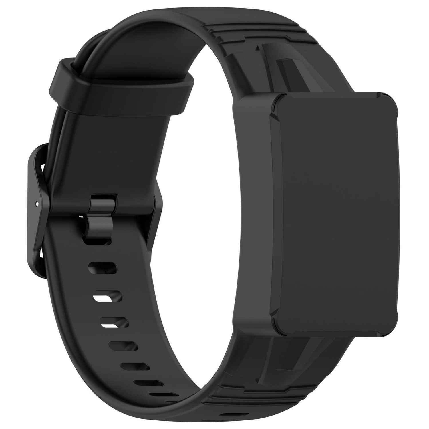 Schwarzer Fitnesstracker mit schwarzem Silikonband. Das Band ist gewickelt.