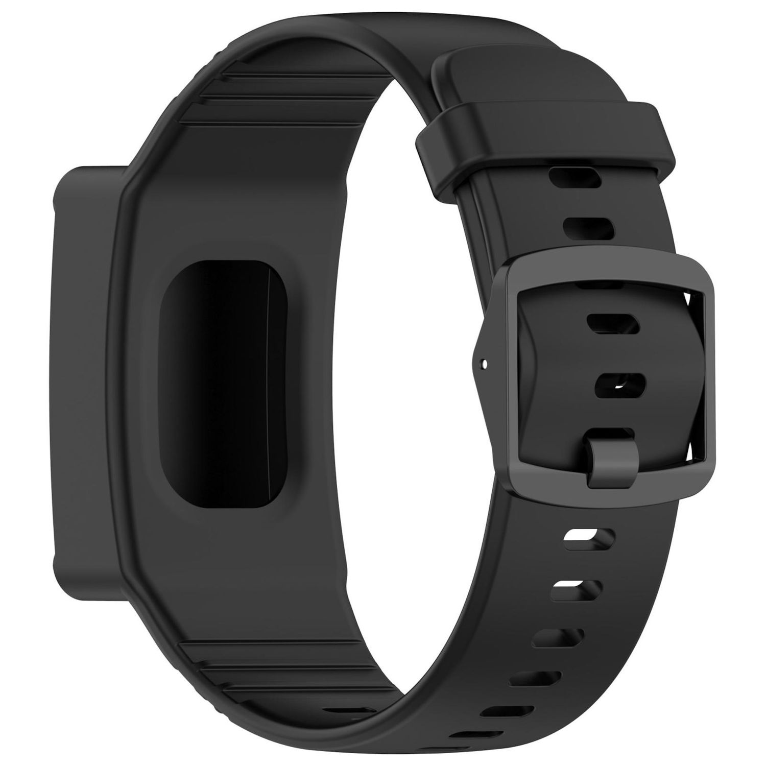 Schwarzes Fitness-Tracker-Band mit schwarzem Bildschirm und schwarzer Schnalle.