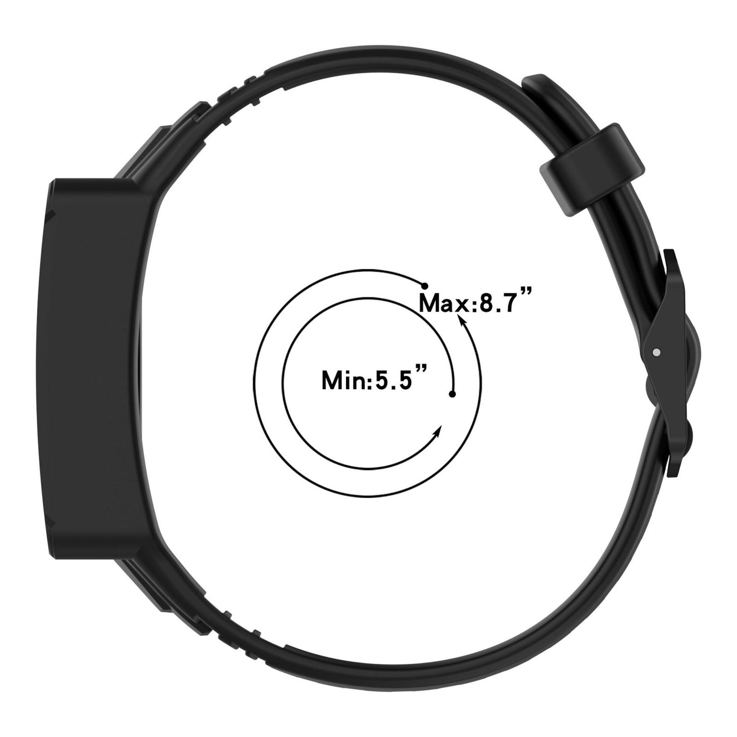 Seitenansicht eines schwarzen Fitness-Tracker-Bandes mit schwarzem Riemen, Größenbereich von 5,5 bis 8,7 Zoll.