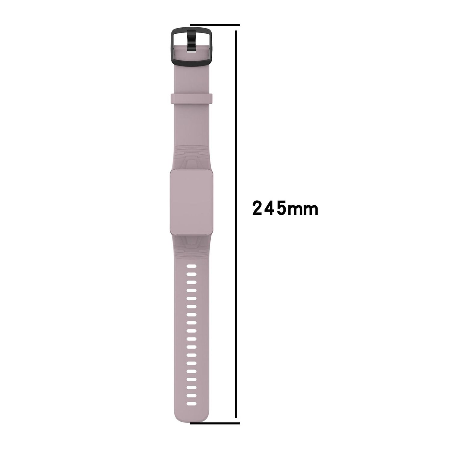 Ein helllila Fitness-Tracker-Band, mit Schnalle und Maßangabe in mm.