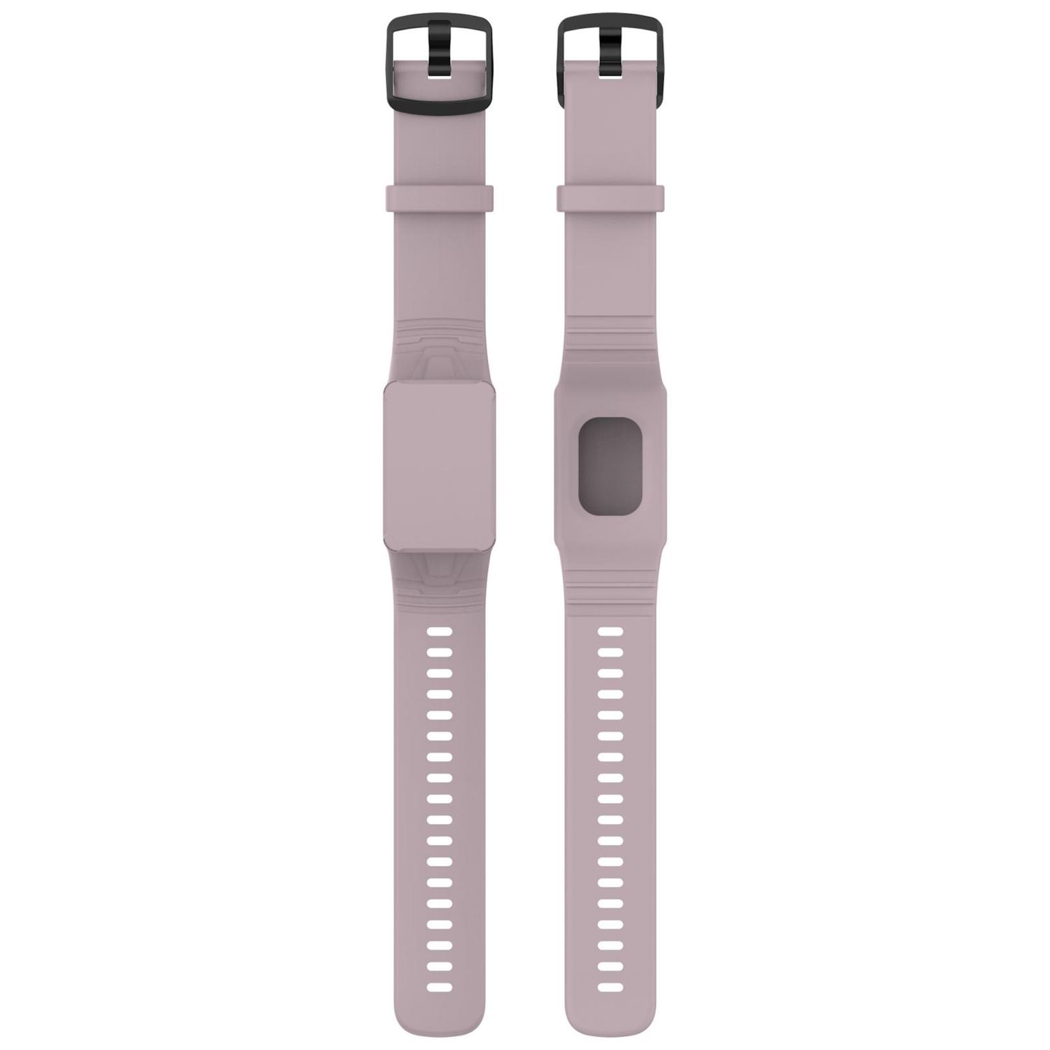 Zweiteiliges, hellviolettes Fitness-Tracker-Armband mit schwarzer Schnalle und Band. Zwei Teile.