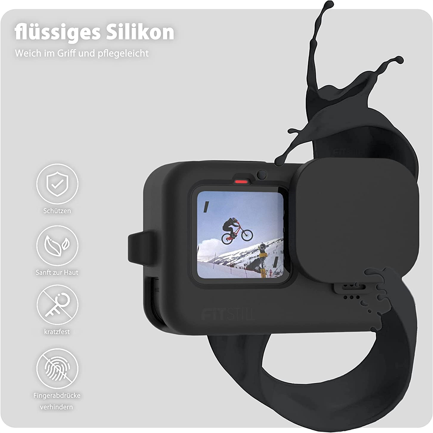 Schwarzes GoPro-Gehäuse mit Flüssigkeitsspritzer, schützt die Kamera. Text: 'flüssiges Silikon'.