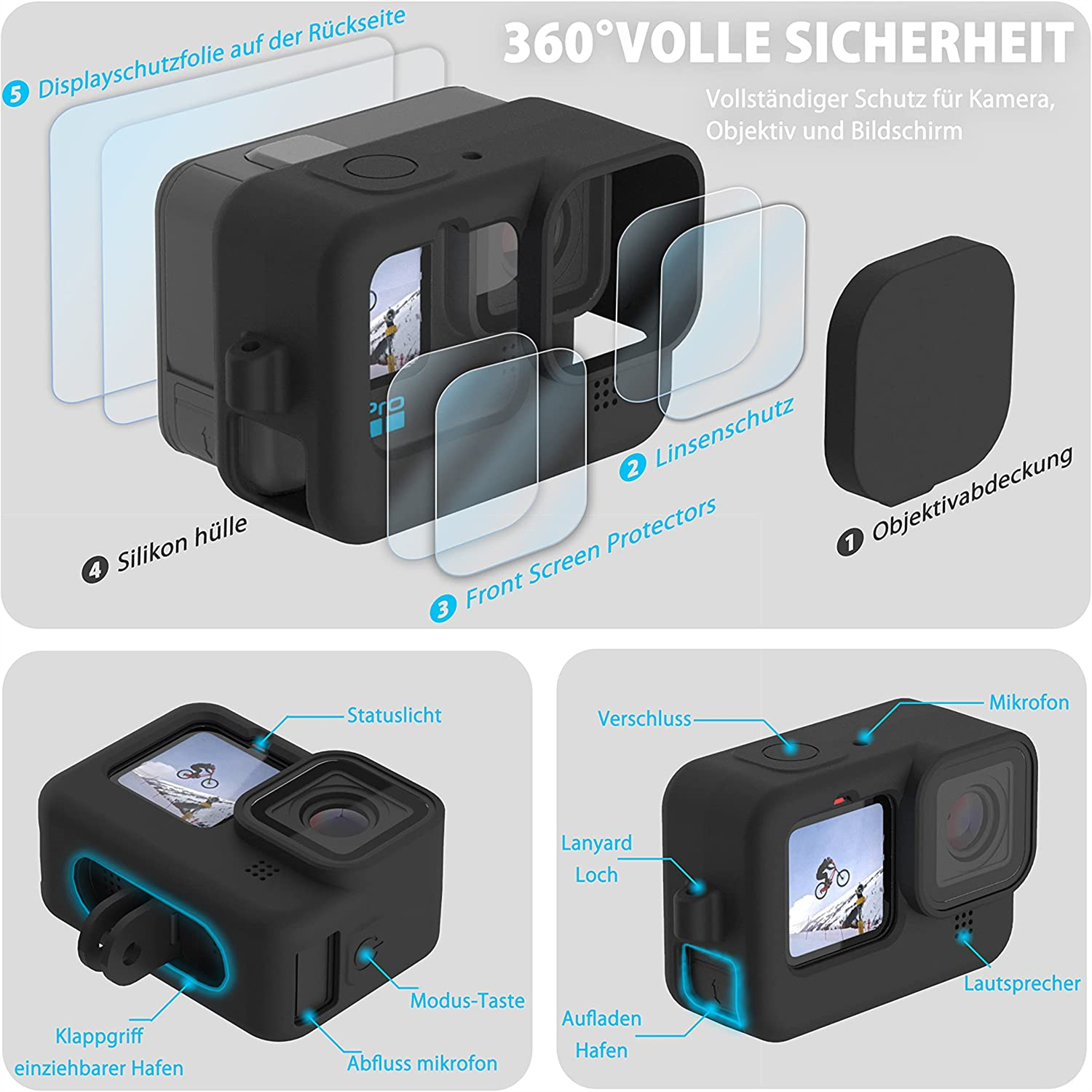 GoPro-Kamera zerlegt, zeigt Teile wie Objektivschutz, Displayschutz und Silikonhülle.