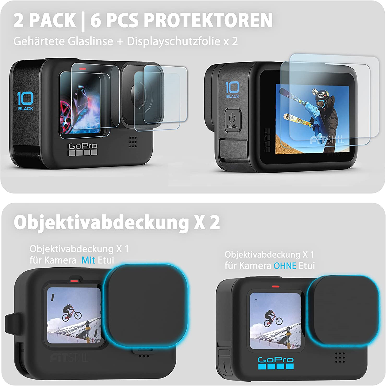 GoPro-Kameras, Protektoren und Displayschutzfolien sind zu sehen.