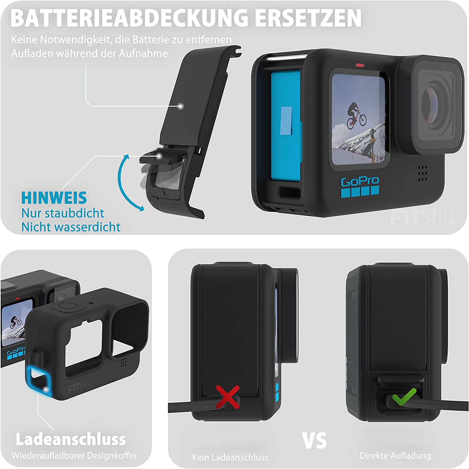 GoPro-Kamera zeigt Batteriefachwechsel, Ladeanschluss und Direktladung.