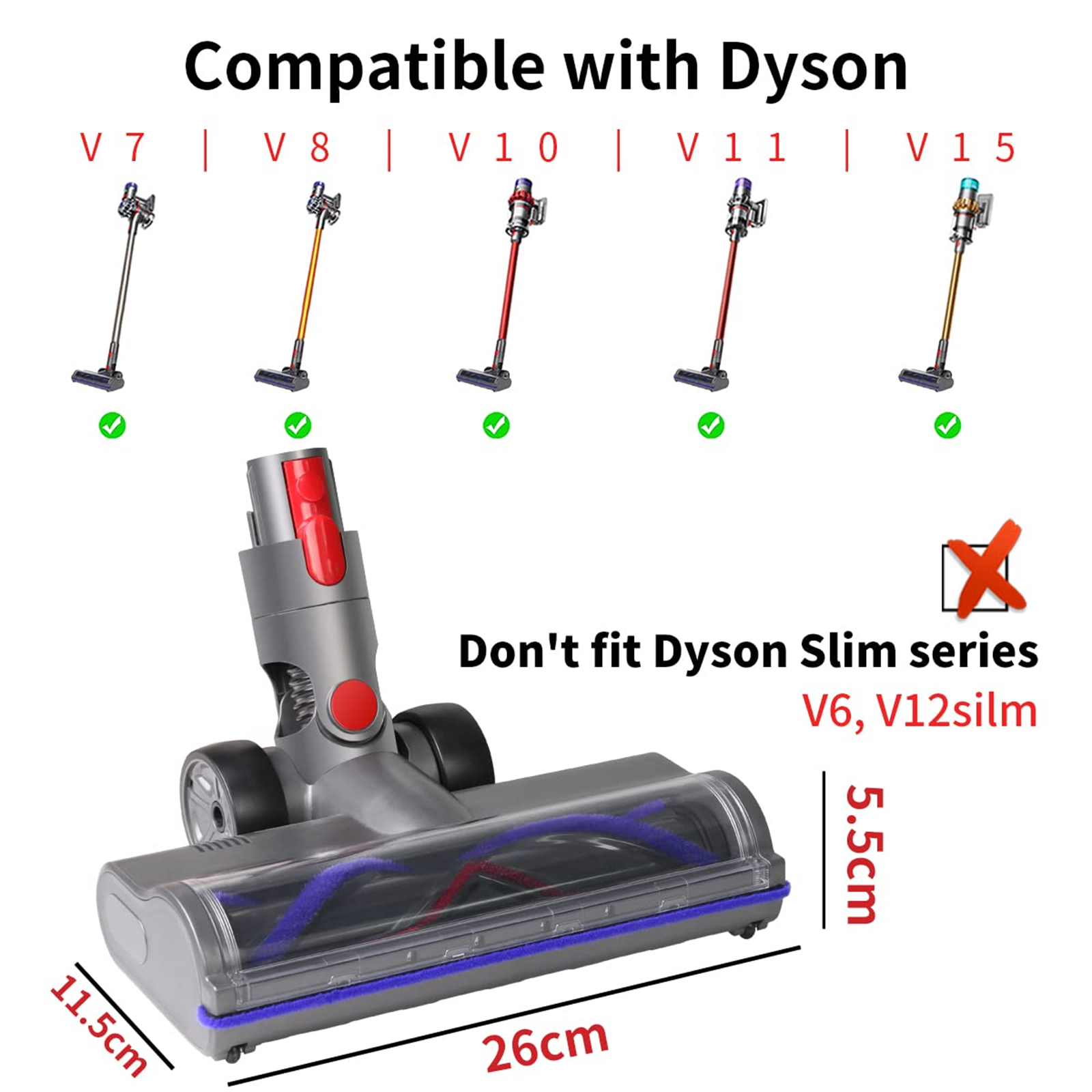 Staubsaugerkopf und Kompatibilitätsliste mit Dyson-Modellen.
