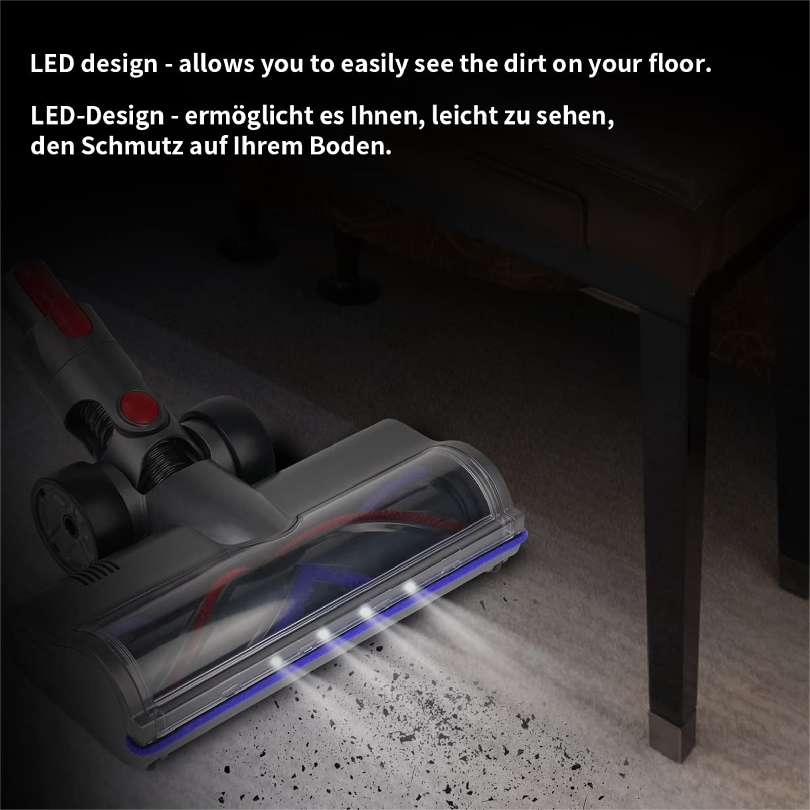 Staubsaugerkopf mit LED-Leuchten auf Teppich, der Schmutz zeigt.