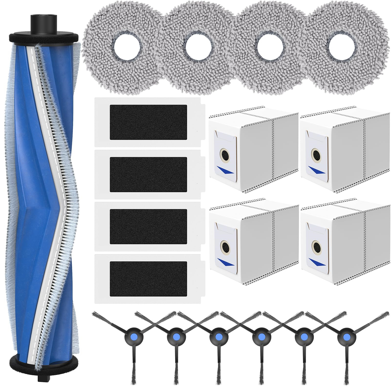 Roboter-Staubsauger-Zubehör: Bürstenwalze, Mopp-Pads, Filter, Seitenbürsten und Staubbeutel, alles auf weißer Oberfläche.
