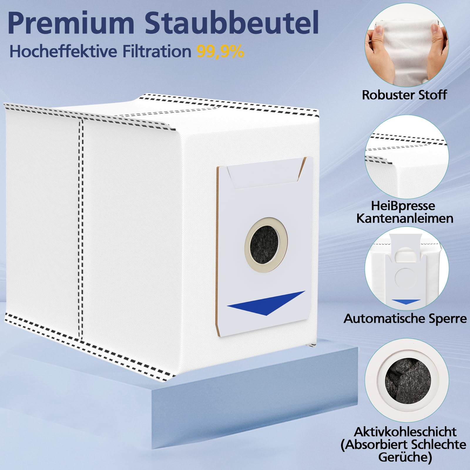 Weißer Staubsaugerbeutel mit detaillierten Informationen, Text und Symbolen auf blauem Hintergrund.