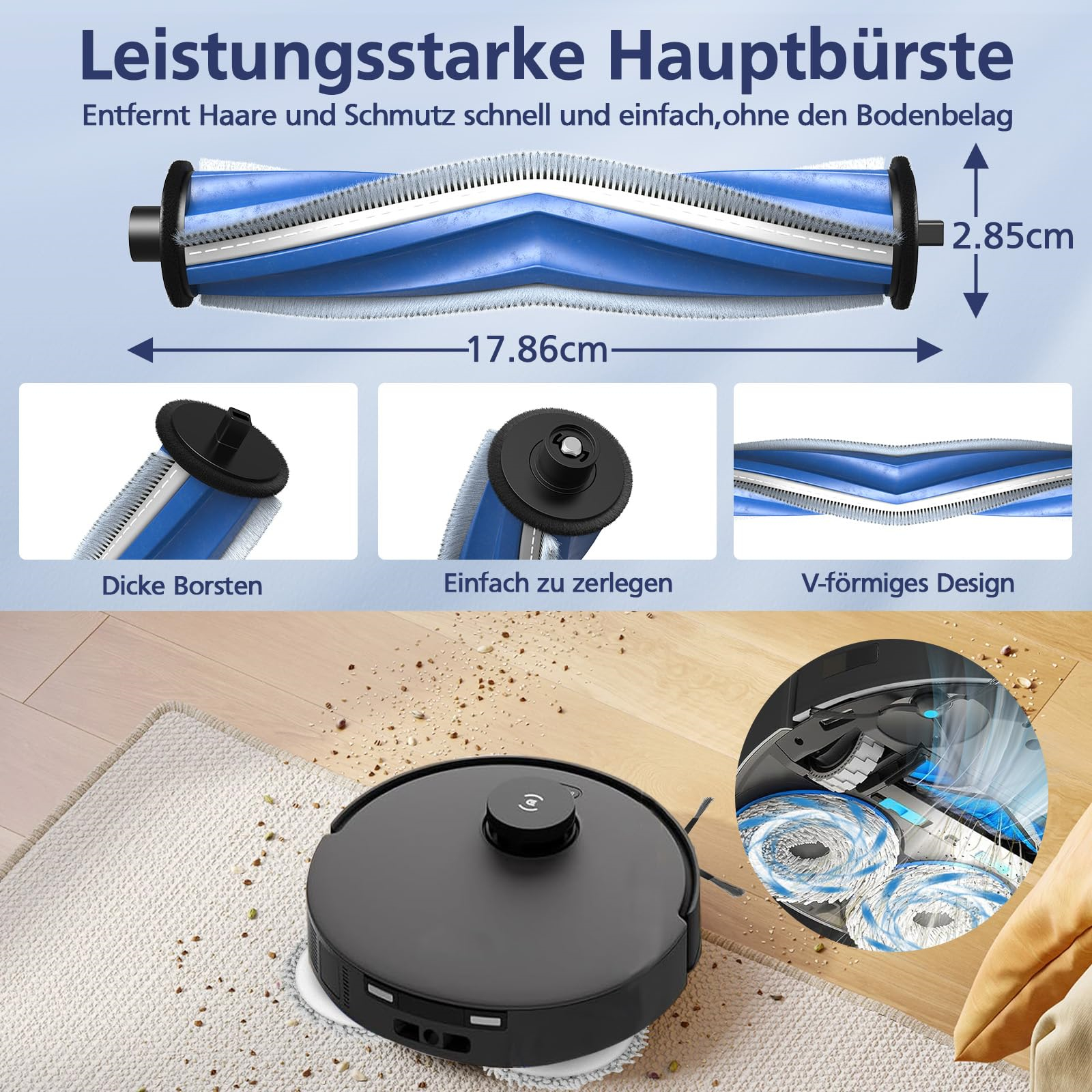 Roboter-Staubsauger mit Hauptbürste, Detailbilder und Abmessungen. V-förmiges Design. Auf Teppich.