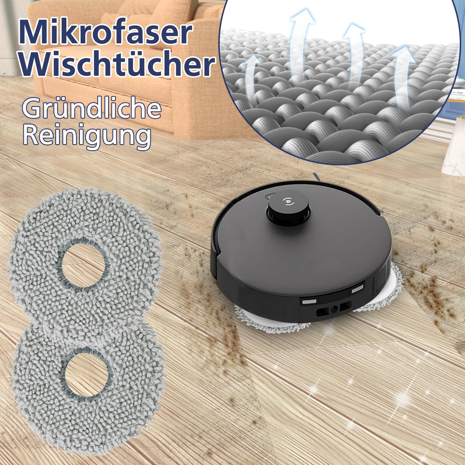 Roboter-Staubsauger mit zwei Wischmopps auf Holzboden mit Schmutzspuren. Text: 'Mikrofaser-Wischtücher'.