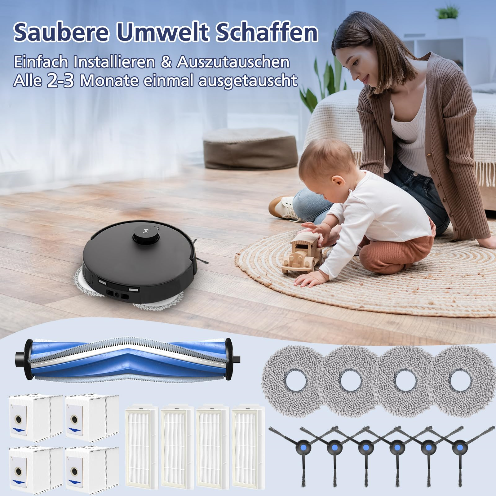 Eine Frau und ein Kind in der Nähe eines Roboter-Staubsaugers mit Zubehör. Text: 'Einfach zu installieren & alle 2-3 Monate ersetzen'.