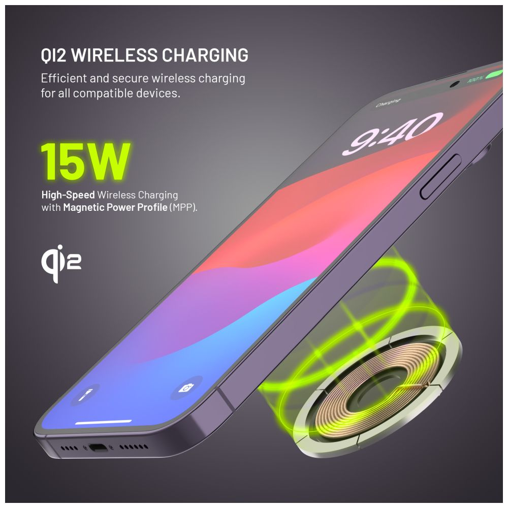 Ein Telefon wird drahtlos aufgeladen. Das Telefon ist lila und hat einen bunten Bildschirm. Das Ladegerät ist eine Spule mit grüner Energie.