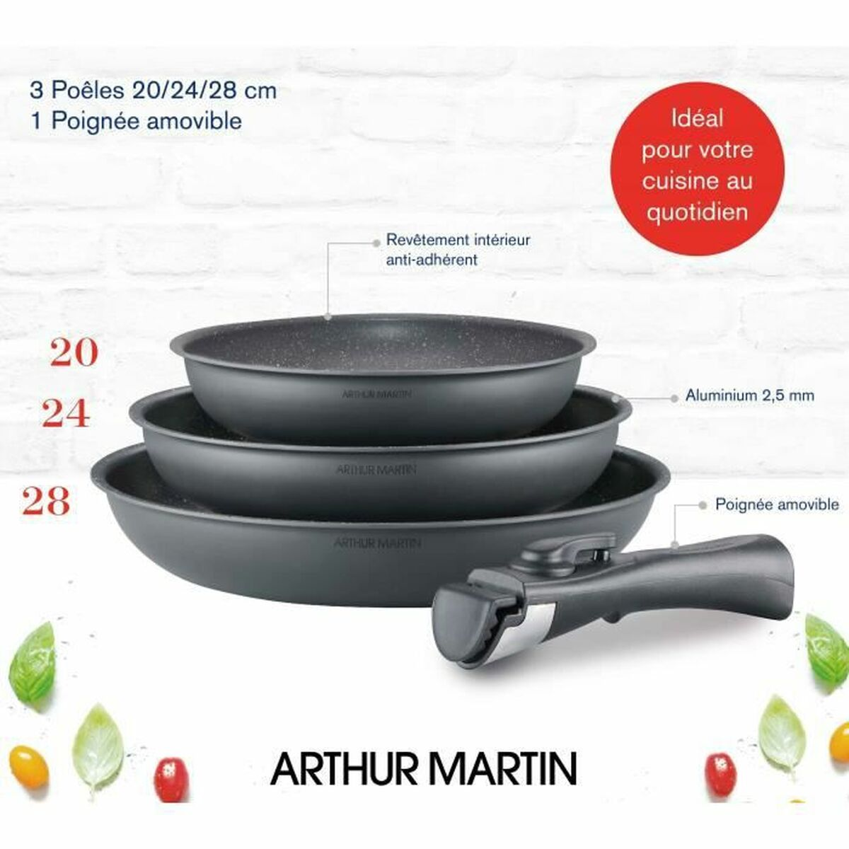 Set aus drei grauen Arthur Martin Pfannen, Größen 20/24/28 cm, mit abnehmbarem Griff und rotem Kreis mit 'Ideal für Ihre Küche'.