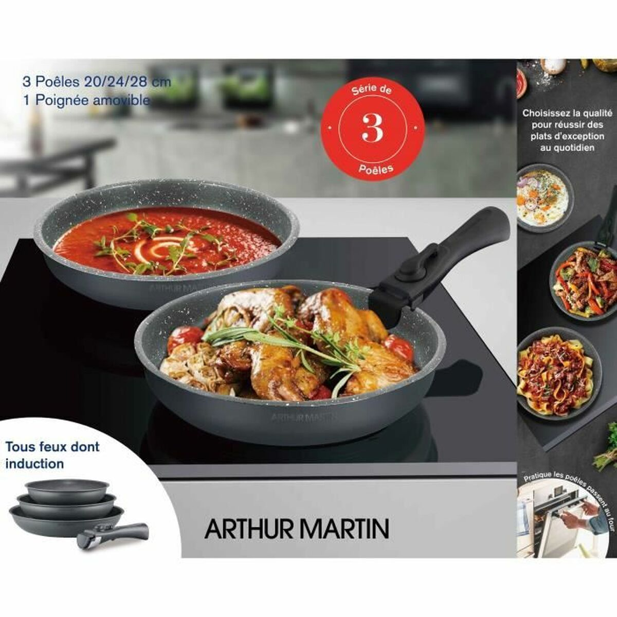 Pfannen mit Essen auf einem Herd, mit Text über die Pfannen und ihre Eigenschaften. Es werden auch andere Pfannen mit Essen gezeigt.