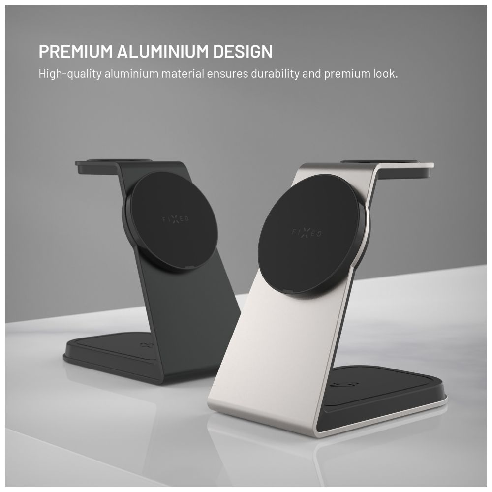 Zwei Telefonständer aus Aluminium, schwarz und silber. Jeder hat ein schwarzes kreisförmiges Ladepad mit "FIXED" Logo.