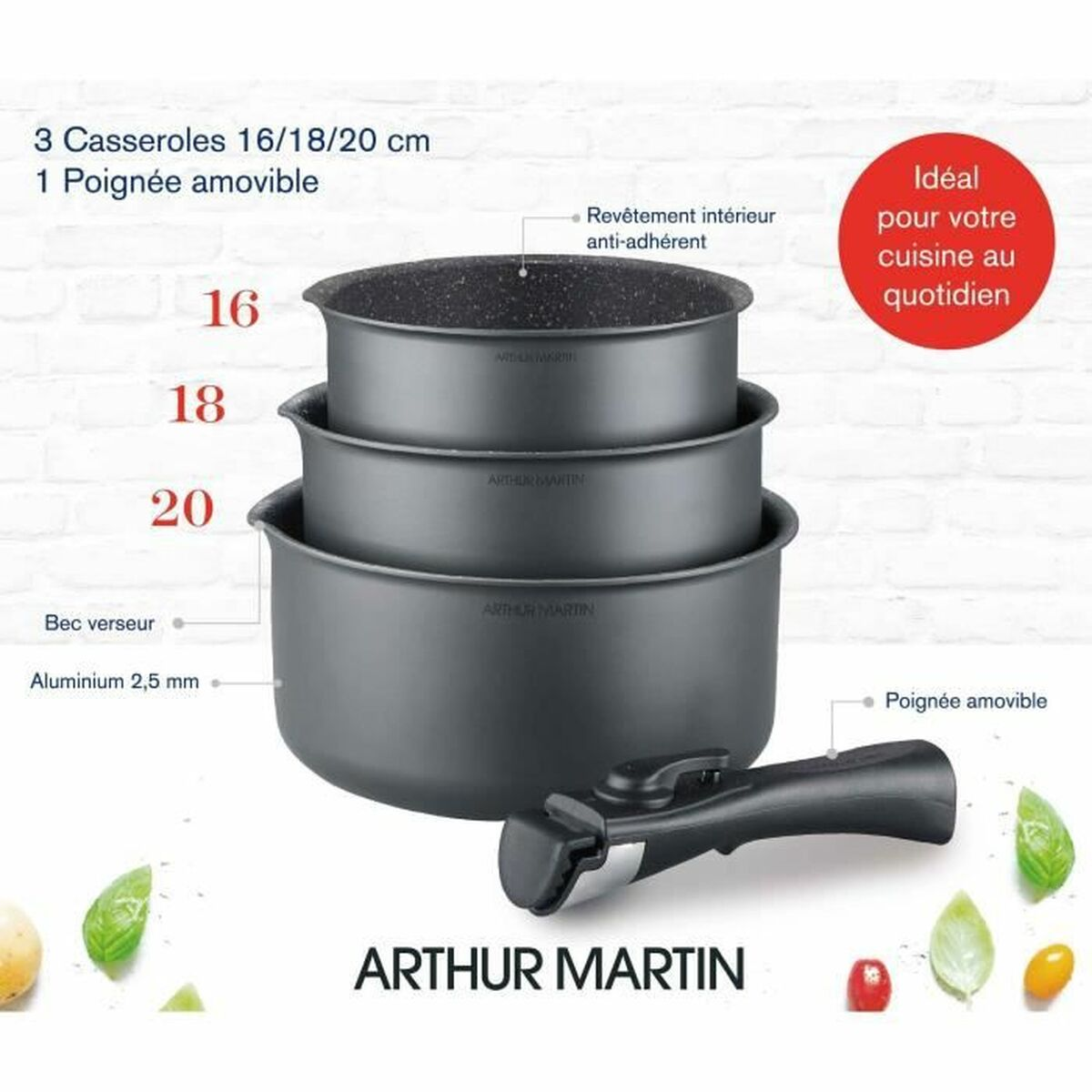 Set aus drei grauen Kochtöpfen mit abnehmbarem Griff, Größen 16, 18 und 20 cm.