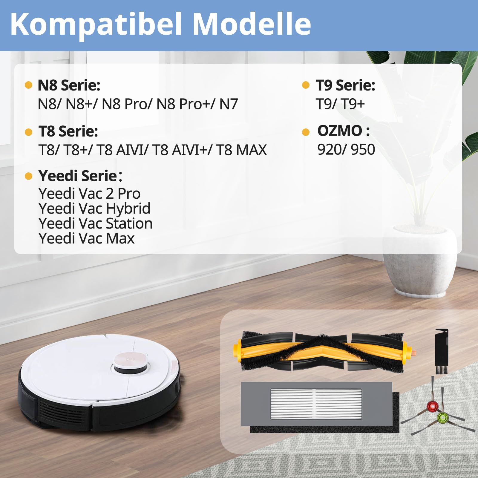 Das Bild zeigt kompatible Roboterstaubsaugermodelle und Ersatzteile auf hellem Hintergrund.